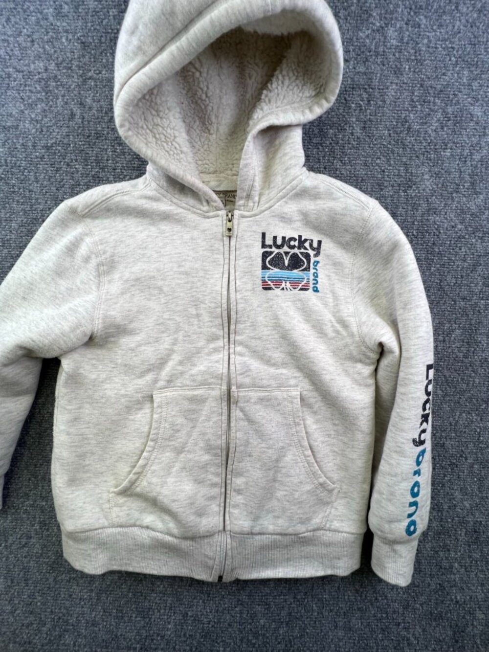 Lucky Brand Boys Small Size 7/8 Gray Hoodie Full Zip Kids Youth Sherpa Fleece